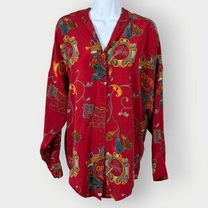 Vtg Maximalist Womens Silk Blouse | 4 | Red Opera Instrument | Novelty Print